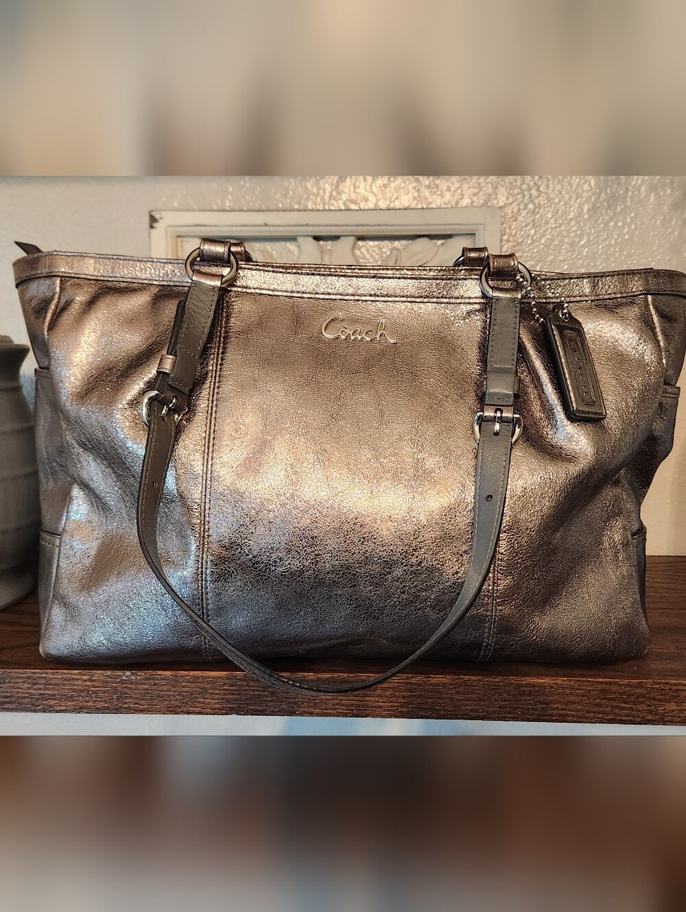 Vintage Y2k Coach Gallery Metallic Silver Pewter Leather Tote Shoulder Bag